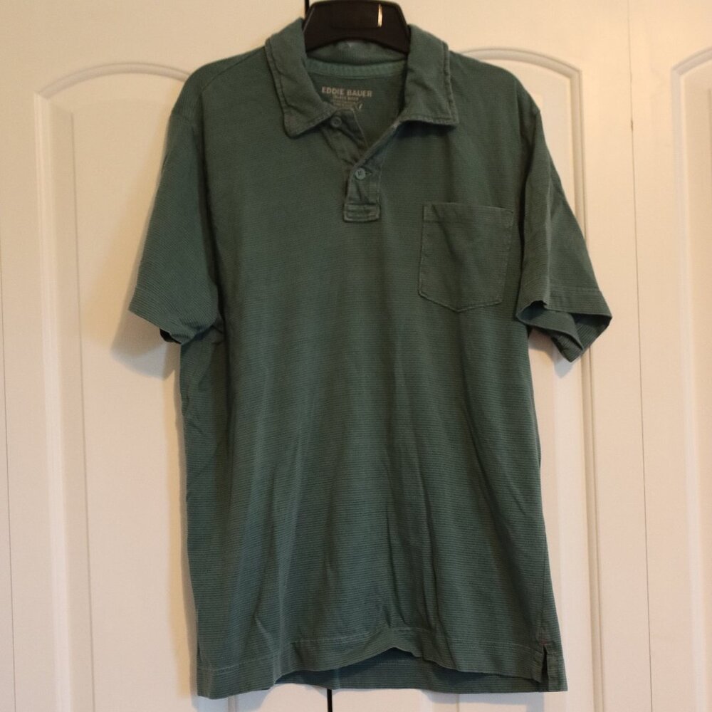 Eddie Bauer Island Wash Striped Short Sleeve Polo Green Size Large 100% Cotton